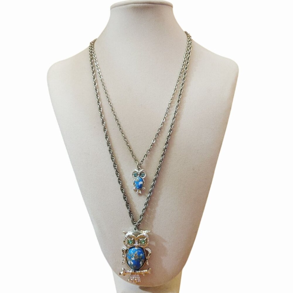Owl Themed Double Pendant Necklace Blue Stone Accents Silver Tone Chain Layered